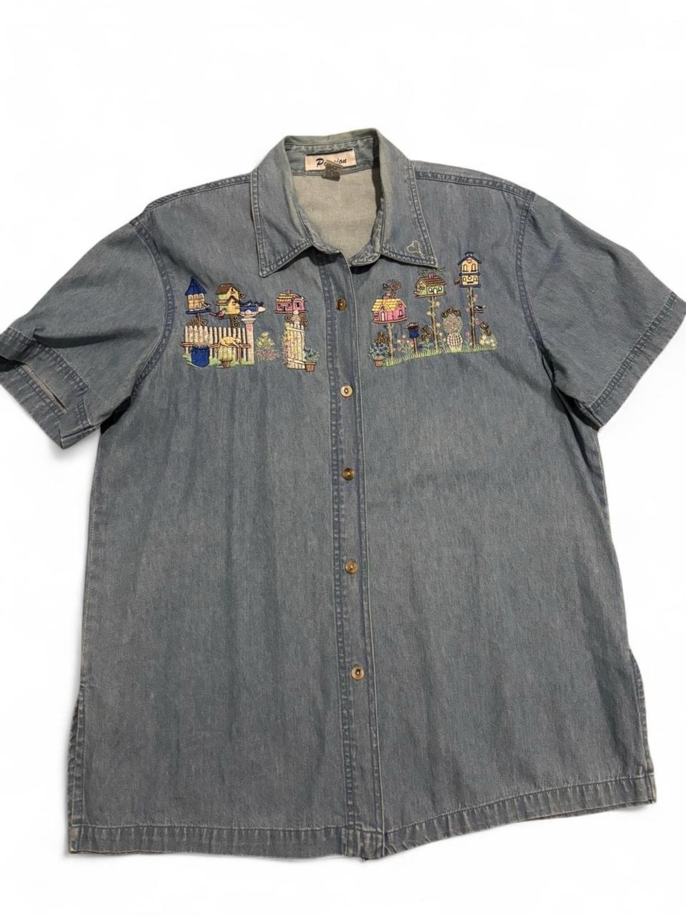 Vintage 90s Birdhouse Embroidered Denim Button- Up, Size Large, Cottagecore